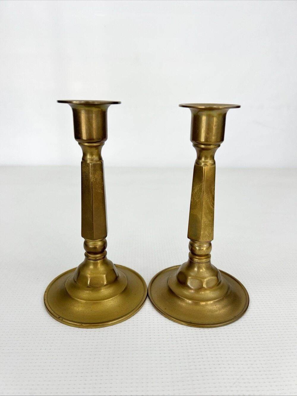 Vintage Brass Taper Candle Holders Matching Pair 6.25” Tall Beautiful Patina MCM
